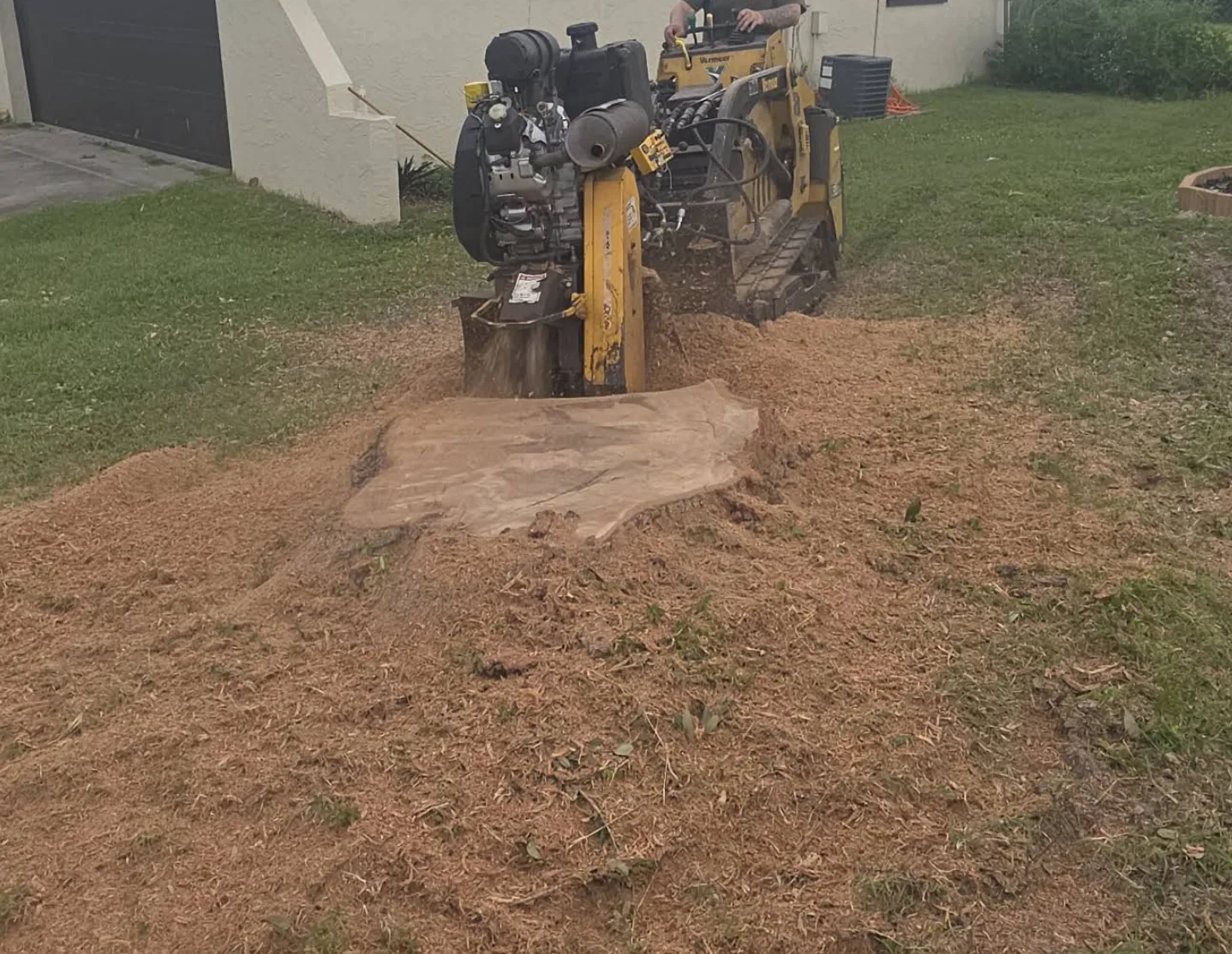 Example of stump grinding — stump grinder on a residential Melbourne, FL lawn